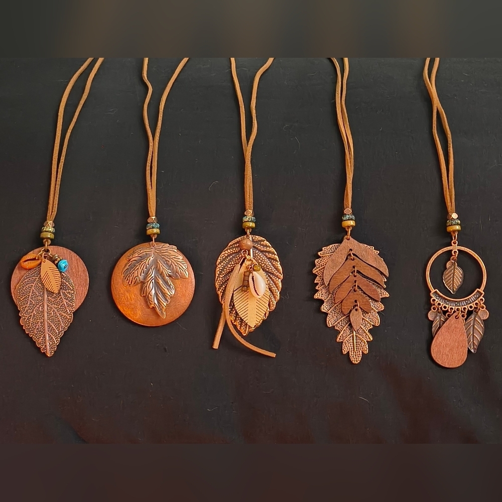Lot of 5 Boho Leaf Pendant Necklaces Long Leather Cord Gold Tone Nature Jewelry